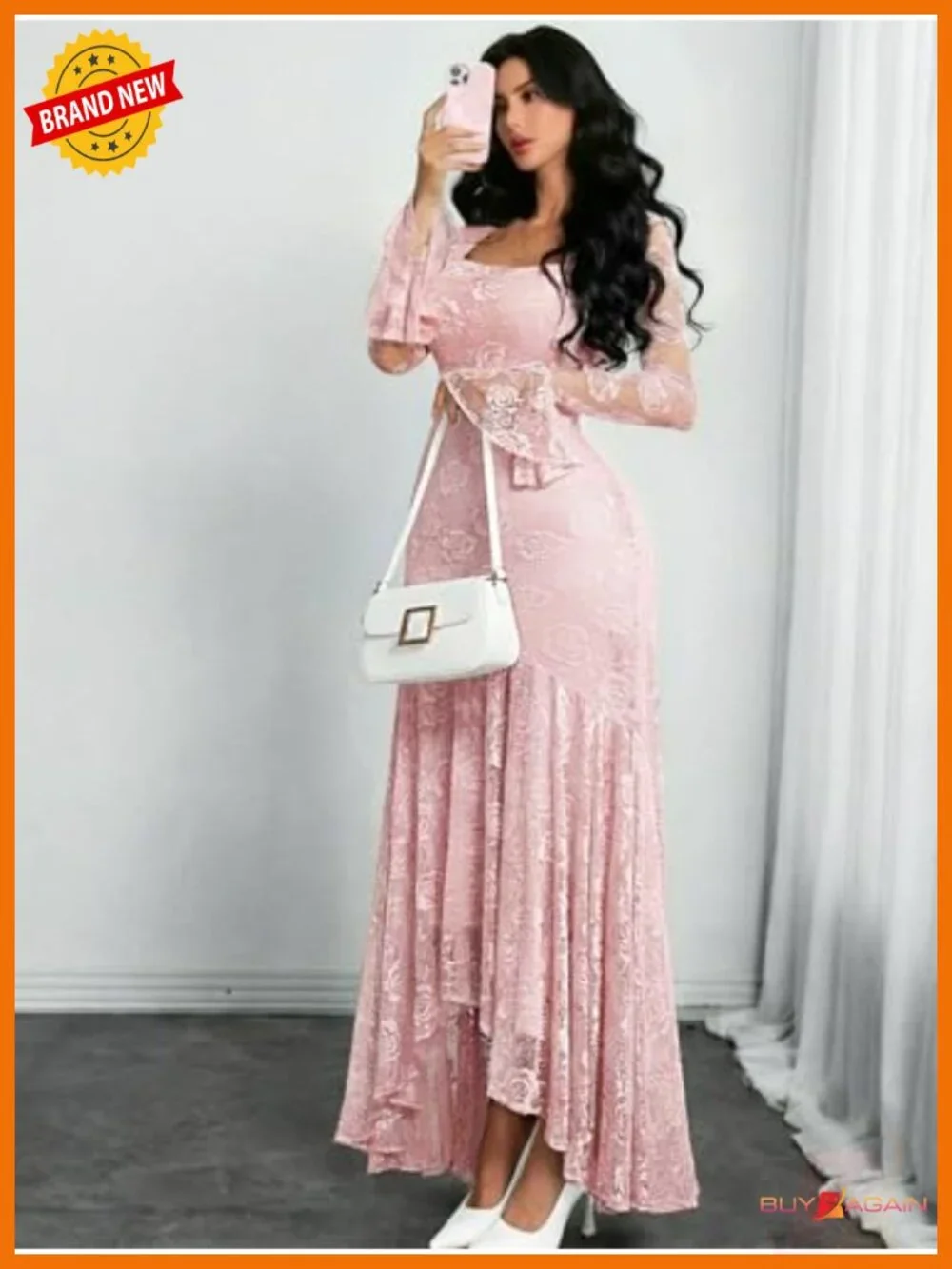 Women's Lace Bodycon Dress Bell Sleeve Square Neck High Low Formal Party